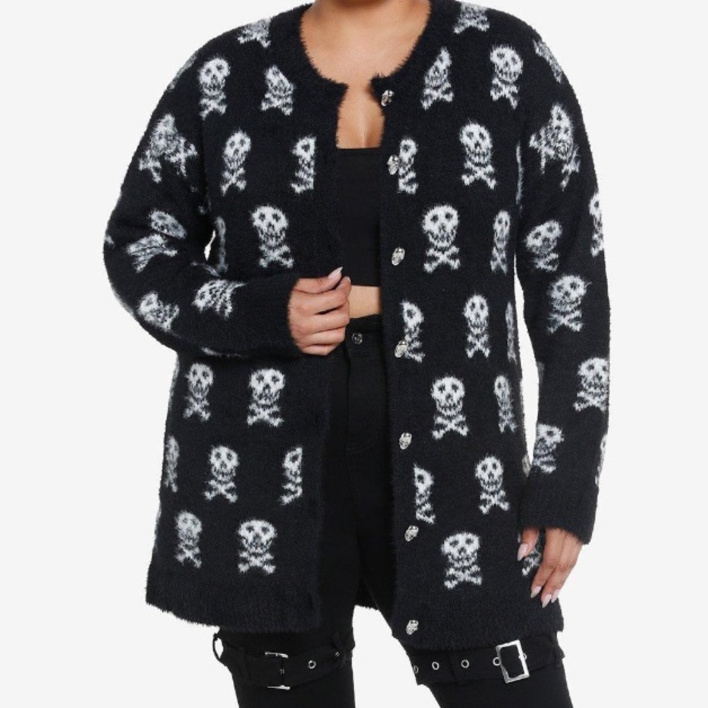 Social Collision Skull & Crossbones Fuzzy Cardigan Plus Size Hot Topic